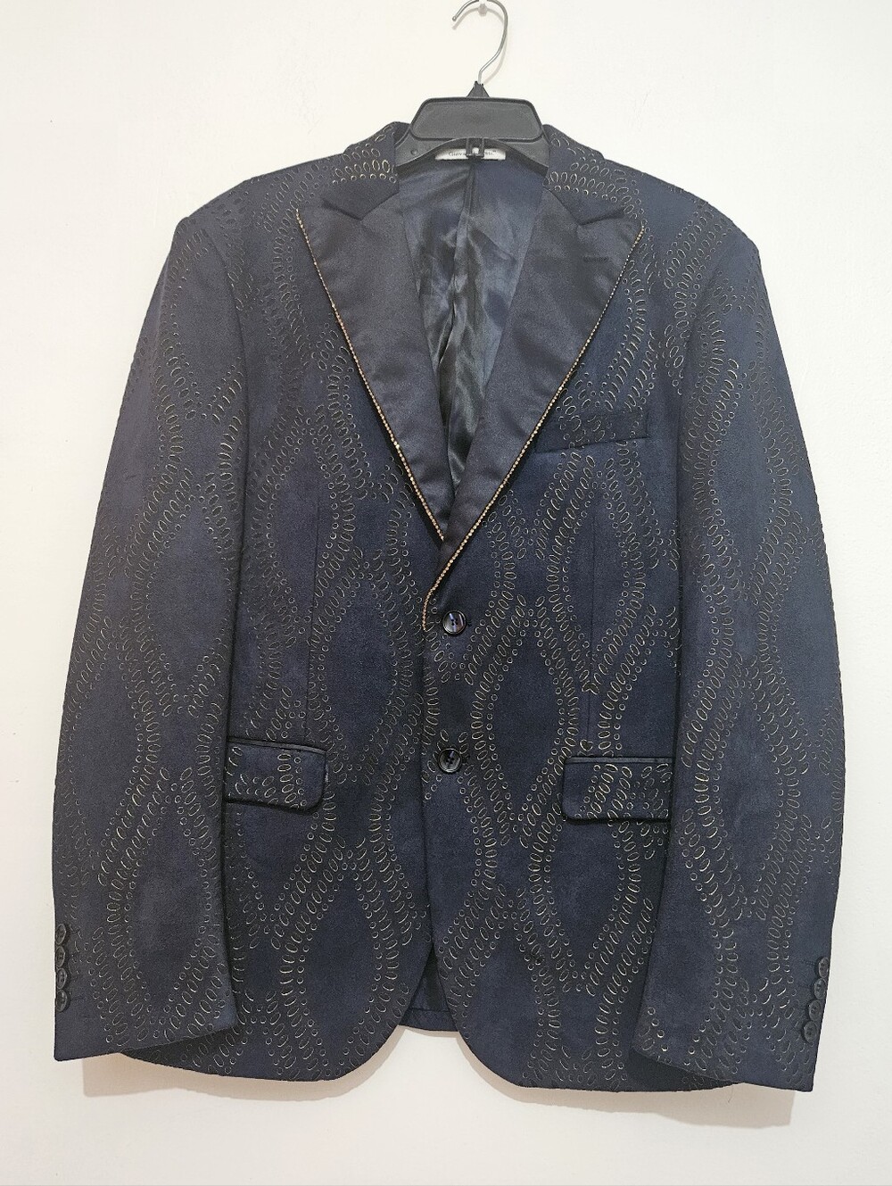 Giovanni Testi Mens 42R Blazer Jacket Navy Blue Gold Metallic Foil Pattern Peak